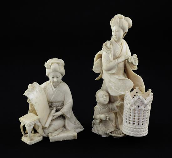 Two Japanese ivory okimono of bijin, Meiji period, 15cm.